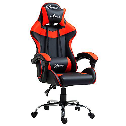 Vinsetto Silla Gaming Ergonómica Silla para Videojuegos Reclinable y Giratoria con Altura Ajustable Reposacabezas y Cojín Lumbar 63x67x119-127 cm Rojo y Negro