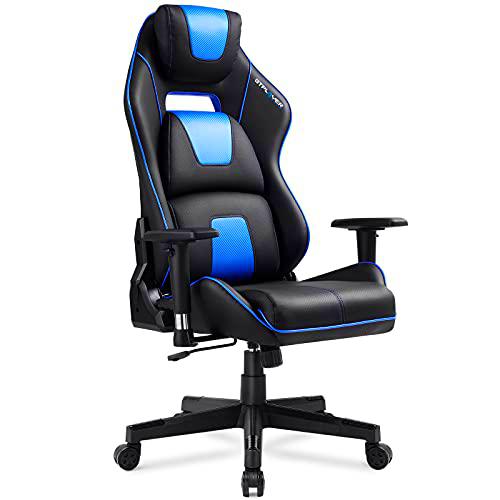 GTPLAYER Silla Gaming, Silla Gamer, Silla Ergonómica Silla Ordenador Silla de Oficina Cuero de PU con 3D Reposabrazos Altura Ajustable y Respaldo Reclinable (Azúl)