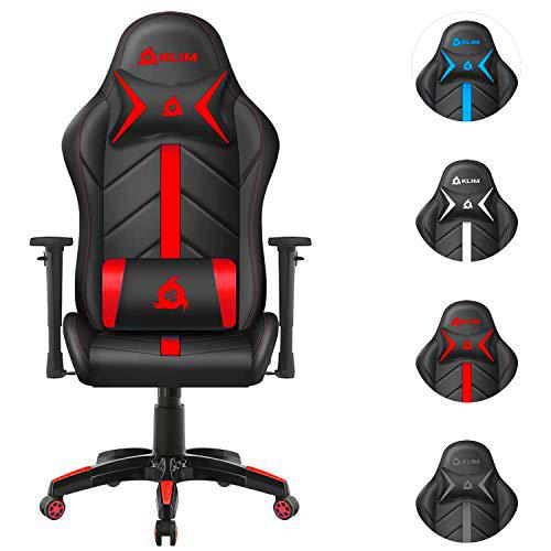 KLIM Silla Gaming Soporte Lumbar y Cervical + Silla de Escritorio con Ruedas Ajustable y reclinable + Piel Sintética y Materiales Premium + Silla Gamer + Nueva 2022 (Roja)