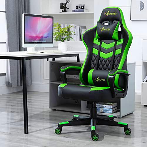 Vinsetto Silla Gaming Silla de Escritorio de Oficina Ergonómica Altura Regulable Basculante con Reposacabezas Cojín Lumbar 61x70x121-129 cm Verde