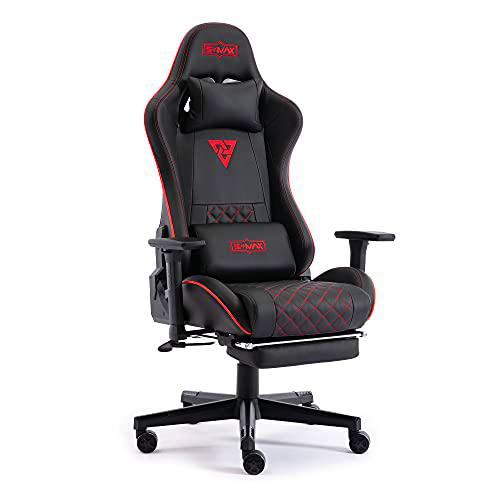 S*MAX Silla gaming con reposapiés, asiento grueso con reposabrazos 3D y soporte lumbar de piel sintética