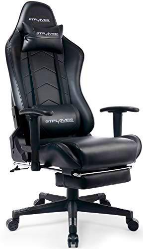 GTPLAYER Silla Gaming, Silla Gaming Reposapiés, Silla Gamer Ergonómica Ordenador Oficina de Cuero con Altura Ajustable Reposabrazos y Cojín Lumbar Engrosado Respaldo Reclinable(Negro)