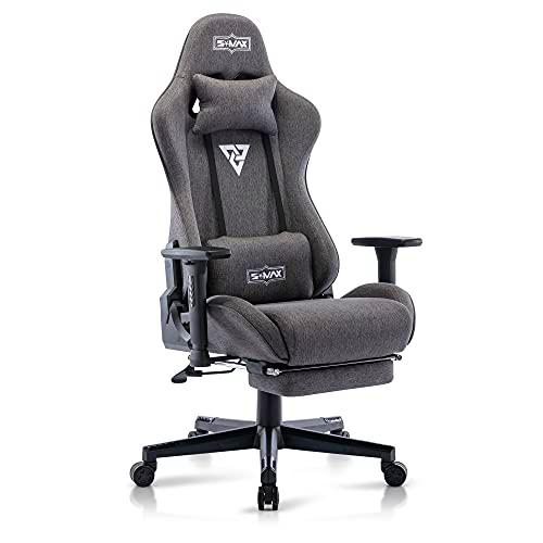 S*MAX Silla de gaming de tela con reposapiés, asiento grueso con reposabrazos 3D y soporte lumbar de piel sintética