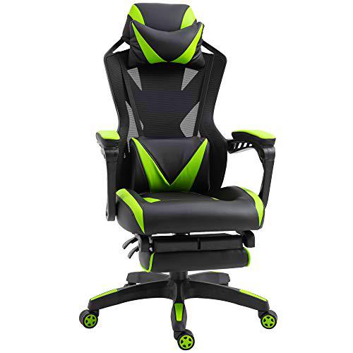 Vinsetto Silla Racing Gaming Ergonómica Silla de Escritorio para Oficina Ajustable Altura con Respaldo Regulable Almohada Lumbar Reposapiés Retráctil 65x70x117-125 cm Verde