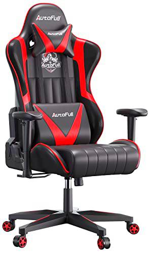 AutoFull Silla Gaming Ergonómica Silla de Oficina Silla Gamer Cuero de PU Silla de Escritorio,Altura e inclinación Ajustables,Reposacabezas y Soporte Lumbar,Rojo (garantía de Tres años)