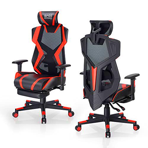 SpecStandard Silla de Gaming ergonómica con reposapiés y respaldo con malla respetuosa con la piel, negro/rojo