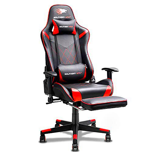 SOUTHERN WOLF Silla Gaming, Silla Gamer con Soporte Lumbar y reposapiés retráctil