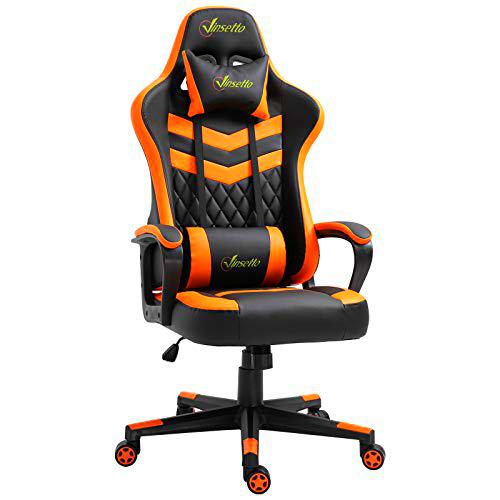 Vinsetto Silla Gaming Silla de Escritorio de Oficina Ergonómica Altura Regulable Basculante con Reposacabezas Cojín Lumbar 61x70x121-129 cm Naranja