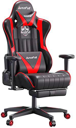 AutoFull Silla Gaming Ergonómica Silla de Oficina Silla Gamer Cuero de PU Silla de Escritorio,Altura e inclinación Ajustables,Soporte Lumbar y reposapiés,Rojo (garantía de Tres años)