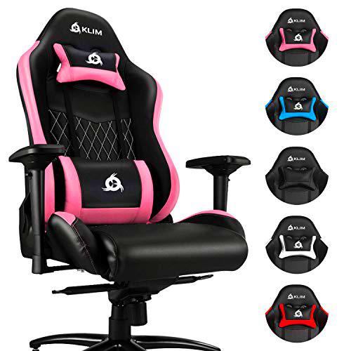 KLIM Esports Silla Gaming Ergonómica + con Soporte Lumbar y Cervical + Reclinable + Silla de Escritorio Ajustable + Piel Sintética y Materiales Premium + Silla Gamer (Rosa)