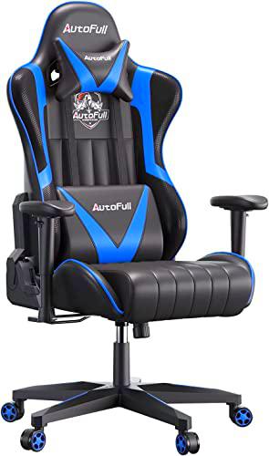 AutoFull Silla Gaming Ergonómica Silla de Oficina Silla Gamer Cuero de PU Silla de Escritorio,Altura e inclinación Ajustables,Reposacabezas y Soporte Lumbar,Azul (garantía de Tres años)