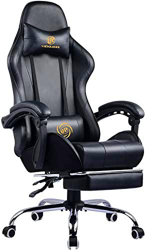 LUCKRACER Silla Gaming Escritorio con Reposapiés Oficina Cojín Lumbar para Masaje Reposabrazos de Carreras Respaldo Alto de Cuero PU