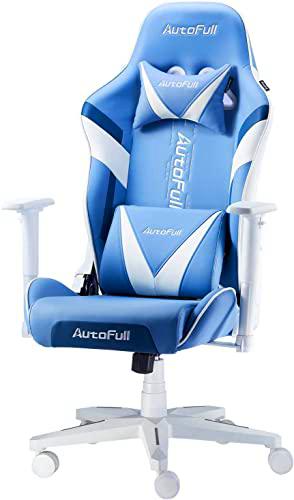 AutoFull Silla Gaming Ergonómica Silla de Oficina Silla Gamer Cuero de PU Silla de Escritorio,Altura e inclinación Ajustables,Reposacabezas y Soporte Lumbar,Azul (garantía de Tres años)