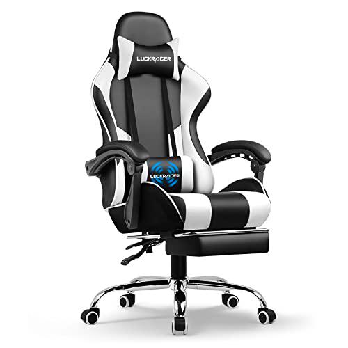 LUCKRACER Silla Gaming Reposapiés con Masaje Gamer Ergonómica Ordenador Oficina de Cuero con Altura Ajustable Reposabrazos Sincronizado y Respaldo Reclinable (Blanco)