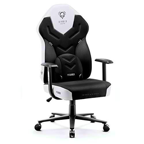 Diablo X-Gamer 2.0 Silla Gaming Gamer de Oficina Tela Diseño Ergonómico Cojín Lumbar Apoyabrazos Cómodos (Negro-Blanco)