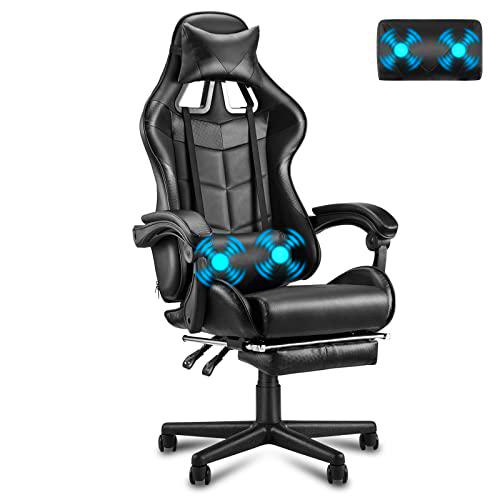 Soontrans Silla Gaming con Masajeador, Silla Gamer con Reposapiés Reposacabeza