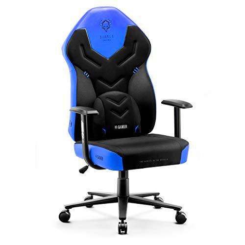 Diablo X-Gamer 2.0 Silla Gaming Gamer de Oficina Tela Diseño Ergonómico Cojín Lumbar Apoyabrazos Cómodos (Negro-Azul)