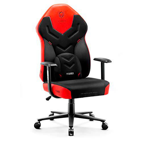 Diablo X-Gamer 2.0 Silla Gaming Gamer de Oficina Tela Diseño Ergonómico Cojín Lumbar Apoyabrazos Cómodos (Negro-Rojo)