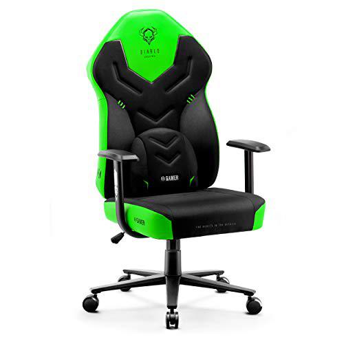 Diablo X-Gamer 2.0 Silla Gaming Gamer de Oficina Tela Diseño Ergonómico Cojín Lumbar Apoyabrazos Cómodos (Negro-Verde)