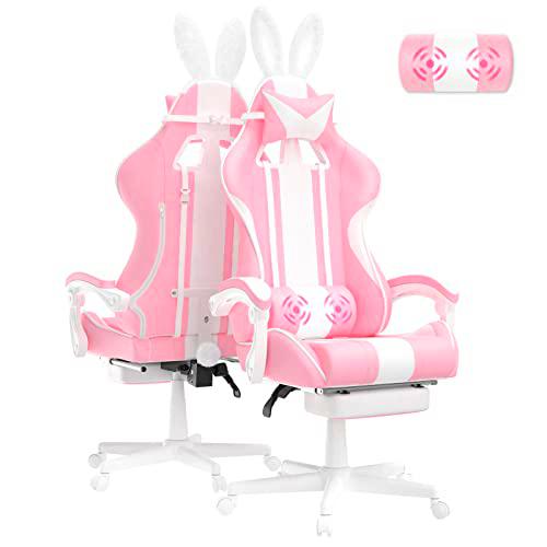 Ferghana Silla Gaming Ergonomica con Masaje Rosa Racing Silla Gamer y Reposapiés Kawaii Sillas Gaming Oficina Sillon de Juegos Gamer con Reposacabezas Sillón Gaming Reclinable con Orejas de Conejo