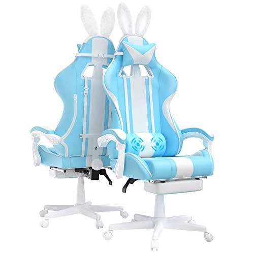 Ferghana Silla Gaming Ergonomica con Masaje Kawaii Racing Silla Gamer y Reposapiés Sillas Gaming Oficina Sillon de Juegos Gamer con Reposacabezas Sillón Gaming con Orejas de Conejo Azul Claro