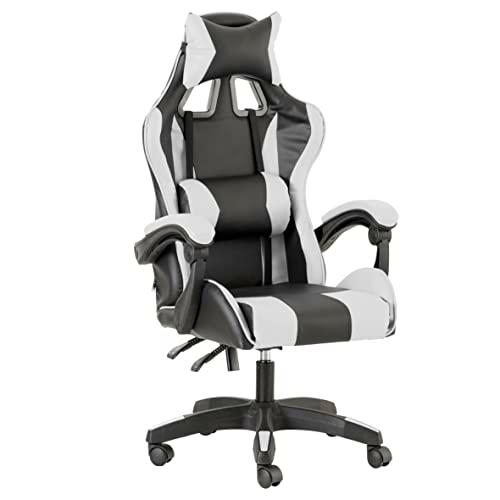 Baroni Home - Silla De Gaming Blanca y Negra, Silla Ergonómica de Oficina con Respaldo Regulable de 90º a 120º