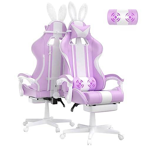 Ferghana Silla Gaming Ergonomica con Masaje Kawaii Racing Silla Gamer y Reposapiés Sillas Gaming Oficina Sillon de Juegos Gamer con Reposacabezas Sillón Gaming con Orejas de Conejo Morado