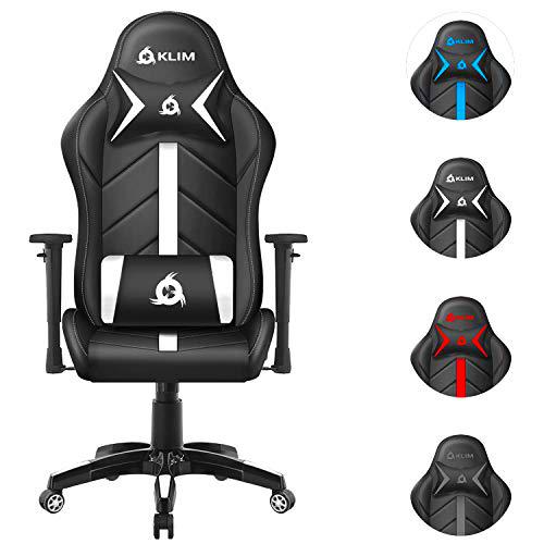 KLIM 1st Silla Gaming Soporte Lumbar y Cervical + Silla de Escritorio con Ruedas Ajustable y reclinable + Piel Sintética y Materiales Premium + Silla Gamer + Nueva 2021 (Blanca)