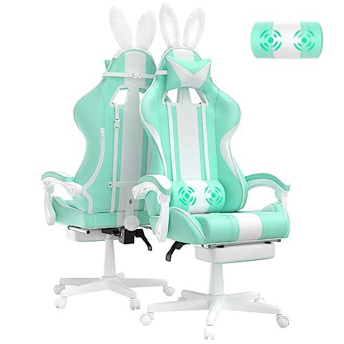 Ferghana Silla Gaming Ergonomica con Masaje Kawaii Racing Silla Gamer y Reposapiés Sillas Gaming Oficina Sillon de Juegos Gamer con Reposacabezas Sillón Gaming con Orejas de Conejo Verde Menta