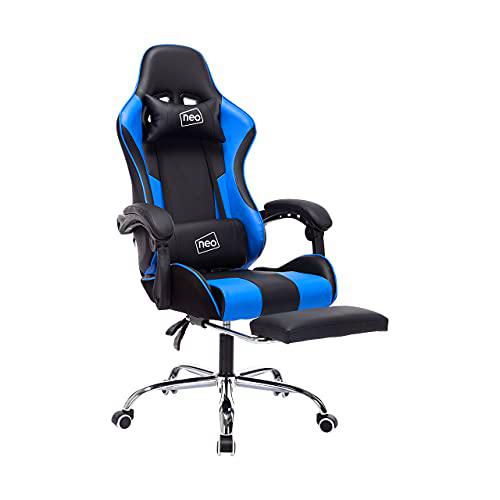 Neo Silla de carreras de cuero para juegos de carreras de oficina reclinable ejecutivo con reposapiés almohada para el cuello (azul)