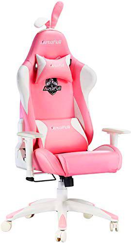 AutoFull Rosa Silla Gaming de Ergonómica Silla de Oficina Silla Gamer Ajustable en Altura,Silla de Escritorio Ajustable con Inclinación con Soporte Lumbar y Orejas de Conejo,(garantía de Tres años)