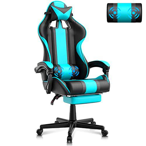 Ferghana Silla Gaming Ergonomica con Masaje Racing Silla Gamer y Reposapiés Sillas Gaming Oficina Sillon de Juegos Gamer con Reposacabezas Sillón Gaming Reclinable Miami Azul