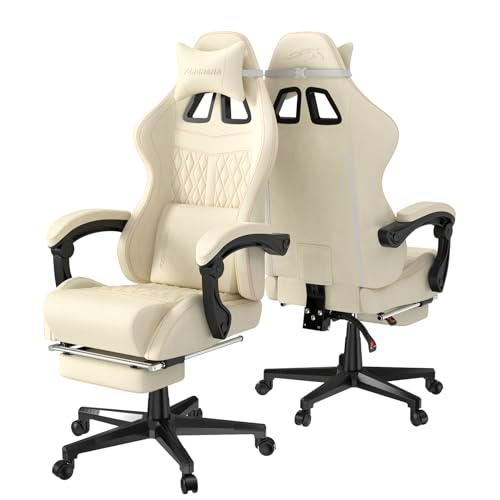 Ferghana Silla Gaming Ergonómica,Silla de Juegos Altura Regulable Basculante con Reposacabezas,Cojín Lumbar,Reposapiés,Silla de Oficina con Respaldo Regulable，Rotación omnidireccional de 360º(Blanco)