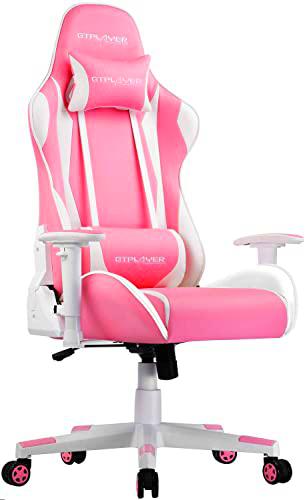 GTPLAYER Silla Gaming Escritorio Oficina Cuero Ordenador Gamer Silla Asiento Engrosado Ergonomica con Cojín Reposabrazos 2D Ajustables Respaldo Reclinable (Rosado-Blanco)