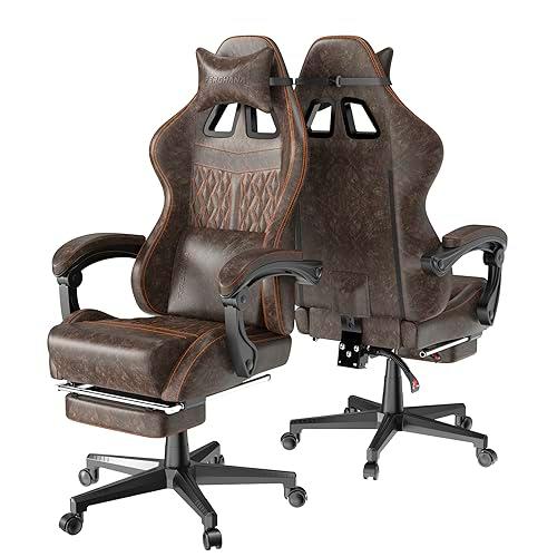 Ferghana Silla Gaming Ergonómica,Silla de Juegos Altura Regulable Basculante con Reposacabezas,Cojín Lumbar,Reposapiés,Silla de Oficina con Respaldo Regulable，Rotación omnidireccional de 360º(Marrón)