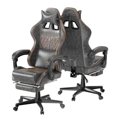 Ferghana Silla Gaming Ergonómica,Silla de Juegos Altura Regulable Basculante con Reposacabezas,Cojín Lumbar,Reposapiés,Silla de Oficina con Respaldo Regulable，Rotación omnidireccional de 360º(Gris)