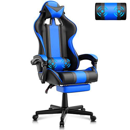 Ferghana Silla Gaming Ergonomica con Masaje Racing Silla Gamer y Reposapiés Sillas Gaming Oficina Sillon de Juegos Gamer con Reposacabezas Sillón Gaming Reclinable Azul