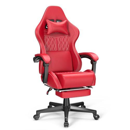 Ferghana Silla Gaming Ergonómica,Silla de Juegos Altura Regulable Basculante con Reposacabezas,Cojín Lumbar,Reposapiés,Silla de Oficina con Respaldo Regulable，Rotación omnidireccional de 360º(Rojo)