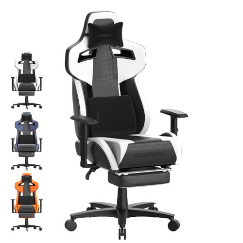 Ferghana Silla Gaming Ergonómica,Sillas Gamer Profesional Altura Regulable Basculante con Cojín Lumbar,Reposacabezas,Reposapiés,Silla de Juegos,Silla de Oficina con Respaldo Regulable (Blanco)