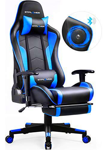 GTPLAYER Silla Gaming con Altavoz Bluetooth Reposapies Escritorio Oficina Gamer Ergonomica con Cojín Reposabrazos 3D Ajustables Respaldo Reclinable Multifuncional Azúl