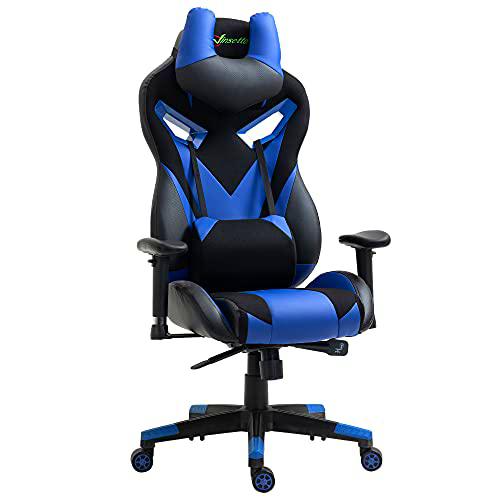 Vinsetto Silla Gaming Ergonómica Silla de Escritorio de Oficina Giratoria con Altura Ajustable Reclinable de 135º Reposabrazos Regulable Reposacabezas y Lumbar Extraíbles 70x71x125-133 cm Azul