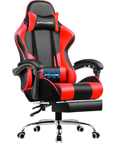 GTPLAYER Silla Gaming con Masajeador Ergonómica Silla Gamer con Reposapiés Reposacabeza，Soporte Lumbar Silla Juego Ajustable en Altura con Asiento Girat