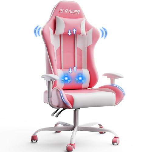 JUMMICO Silla Gaming Ergonómico con Masaje,Silla Gamer con Respaldo Regulable,Silla Oficina Giratoria Regulable en Altura,Gaming Chair de Carga 150 kg con Reposacabezas y Soporte Lumbar(Rosa)