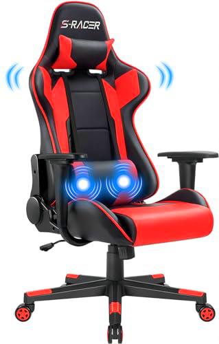 JUMMICO Silla Gaming Ergonómico con Masaje,Silla Gamer con Respaldo Regulable,Silla Oficina Giratoria Regulable en Altura,Gaming Chair de Carga 150 kg con Reposacabezas y Soporte Lumbar(Rojo)