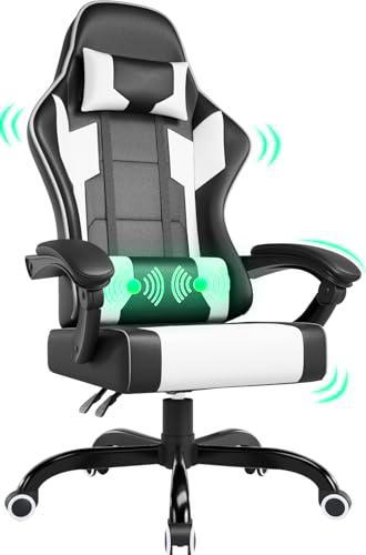 JUMMICO Silla Gaming Ergonómico con Masaje,Silla Gamer con Respaldo Regulable,Silla Oficina Giratoria Regulable en Altura,Gaming Chair de Carga 150 kg con Reposacabezas y Soporte Lumbar(Blanco)