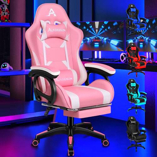 ALFORDSON Silla Gaming con Masaje de 2 Puntos, Silla Gamer con Reposapiés