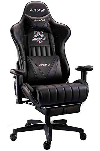 AutoFull Silla Gaming Ergonómica Silla de Oficina Silla Gamer Cuero de PU Silla de Escritorio,Altura e inclinación Ajustables,Soporte Lumbar y reposapiés,Negro (garantía de Tres años)