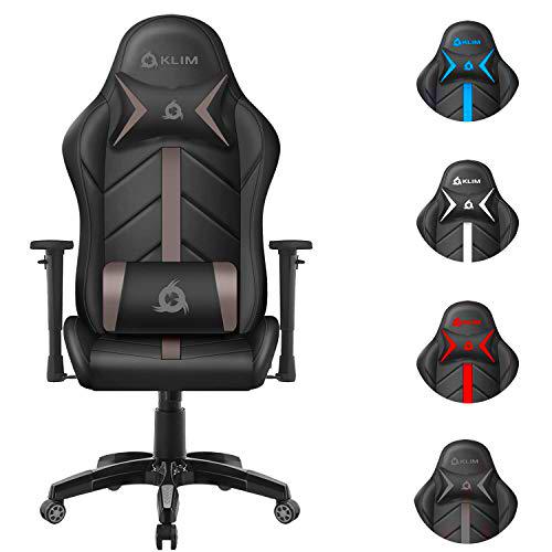 KLIM Silla Gaming Soporte Lumbar y Cervical + Silla de Escritorio con Ruedas Ajustable y reclinable + Piel Sintética y Materiales Premium + Silla Gamer + Nueva 2021 (Gris)