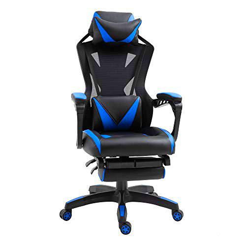 Vinsetto Silla Racing Gaming Ergonómica Silla de Escritorio para Oficina Ajustable Altura con Respaldo Regulable Almohada Lumbar Reposapiés Retráctil 65x70x117-125 cm Azul