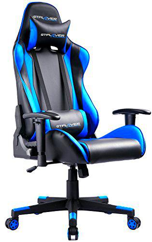 GTPLAYER Silla Gaming Escritorio Oficina Cuero Ordenador Gamer Silla Asiento Engrosado Ergonomica con Cojín Reposabrazos 2D Ajustables Respaldo Reclinable (Negro-Azúl)